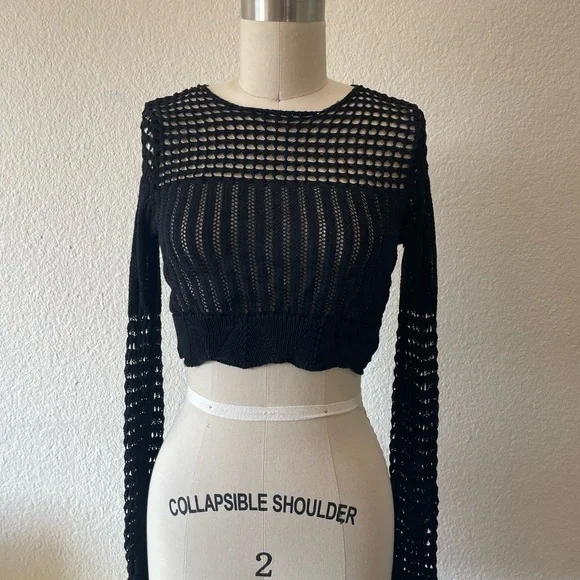 Fashion Nova Black Crochet Long-Sleeve Crop Top - Picture 2 of 4